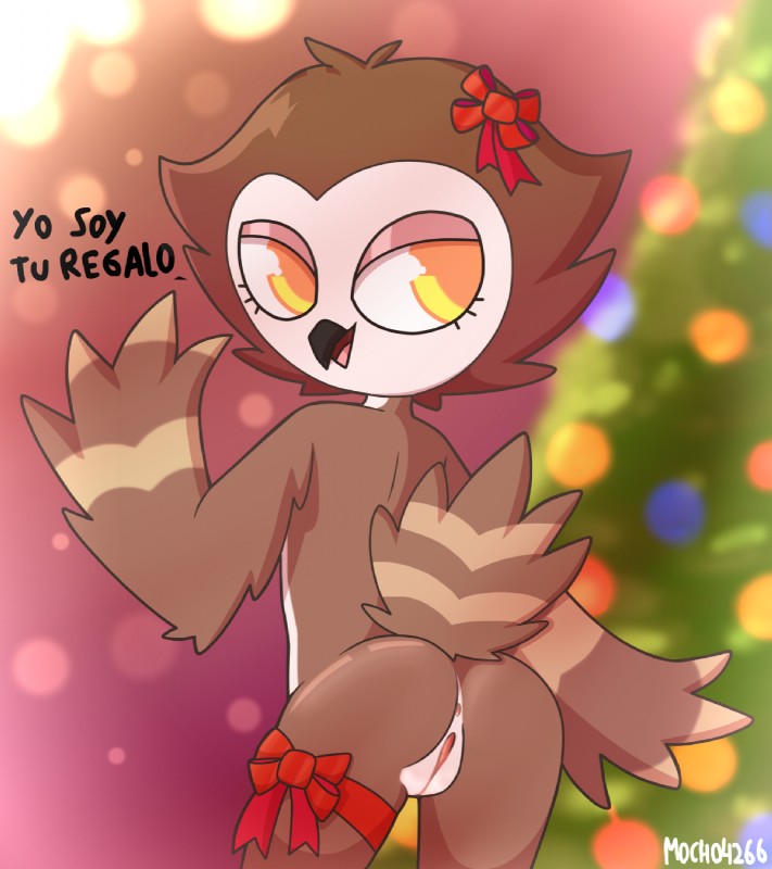 anthro beak butt feathers female genitals holidays nude pussy ribbons solo tagged text young young_anthro young_female mocho4266 christmas avian bird owl hi_res spanish_text translated