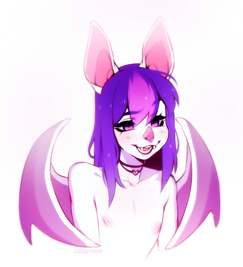 anthro eyelashes femboy fur hair highlights_(coloring) jewelry male necklace nipples pink_eyes pink_hair pink_heart pink_nose purple_hair simple_background solo thick_eyelashes white_background white_body white_fur wings frenky_hw helmed_(helmed) bat mammal