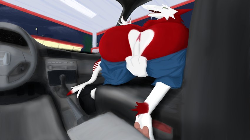 anthro anus big_butt bottomwear butt butt_heart clothing detailed_background fur gas_station green_eyes lustful_gaze male night pants presenting presenting_anus red_body red_fur sky solo undressing white_body white_fur defunctfluff honda honda_civic vas_(defunctfluff) sergal 16:9 hi_res widescreen