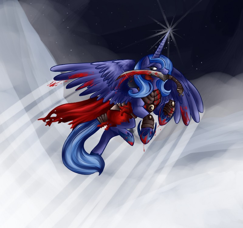 armor blood blue_body blue_feathers bodily_fluids feathered_wings feathers female feral horn solo tail weapon wings qwert5 friendship_is_magic hasbro my_little_pony mythology prince_of_persia ubisoft princess_luna_(mlp) equid equine mammal mythological_creature mythological_equine winged_unicorn hi_res