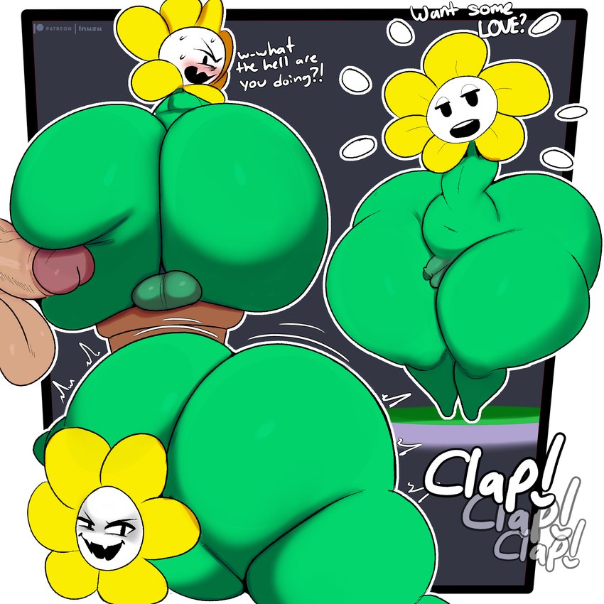 armless ass_clapping balls big_balls big_butt big_penis black_eyes blush butt duo exclamation_point flower genitals green_body huge_butt huge_hips huge_thighs hyper hyper_butt hyper_hips hyper_thighs interrobang looking_at_viewer looking_back male male/male not_furry onomatopoeia open_mouth penis plant profanity question question_mark small_penis solo_focus sound_effects text thick_thighs wide_hips inuzu undertale undertale_(series) flowey_the_flower elemental_creature elemental_humanoid flora_fauna flower_creature flower_humanoid humanoid plant_humanoid 1:1 2023 absurd_res digital_media_(artwork) english_text hi_res