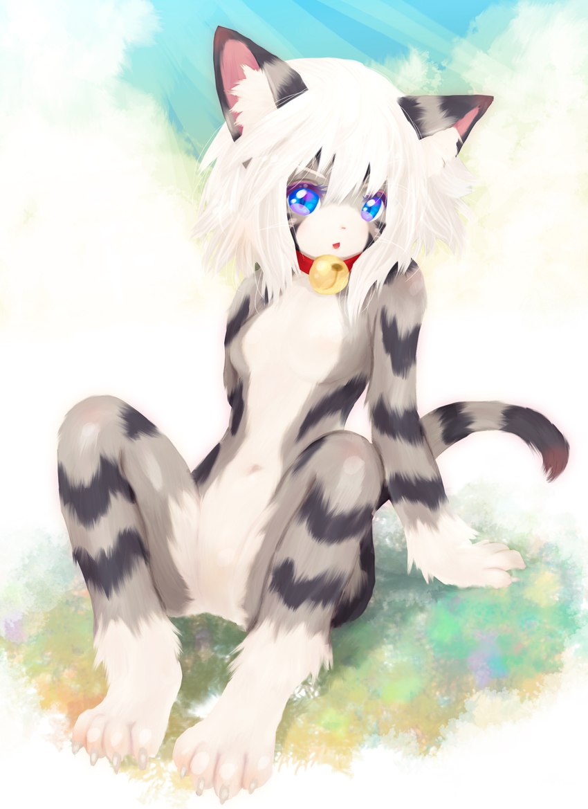 anthro bell bell_collar biped blue_eyes breasts collar featureless_breasts featureless_crotch female hair looking_at_viewer navel nude open_mouth simple_background sitting solo white_hair tetetor-oort karin_(tetetor-oort) domestic_cat felid feline felis mammal 2019 hi_res