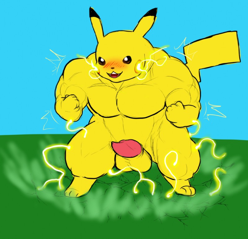 anthro anthrofied balls biceps big_muscles blush charging_up cracks crouching digitigrade electricity energy erection fangs fist front_view fur genitals huge_muscles male muscular muscular_anthro muscular_male neck_muscles nude open_mouth pecs penis quads smile smirk solo tapering_penis teeth yellow_body yellow_fur tyr_remora nintendo pokemon generation_1_pokemon mammal pikachu pokemon_(species) rodent 2016