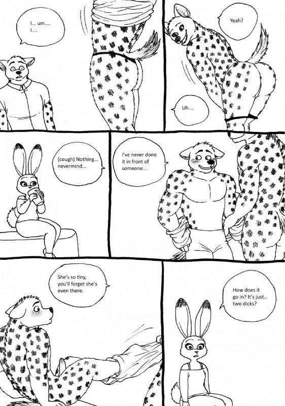 anthro blush butt clothing erection female flat_chested genitals group male male/female penis text undressing voyeur bernielover disney zootopia becca_(bernielover) fan_character judy_hopps hyena lagomorph leporid mammal rabbit spotted_hyena comic english_text hi_res monochrome