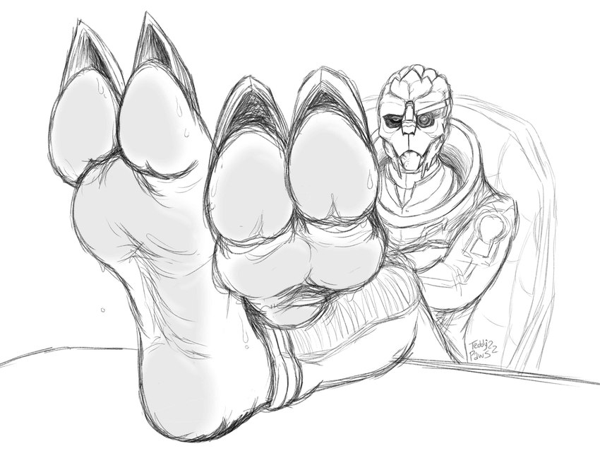 2_toes anthro barefoot big_feet bodily_fluids claws crossed_legs feet foot_fetish foot_focus male soles solo sweat toe_claws toes teddypaws bioware electronic_arts mass_effect garrus_vakarian alien turian 4:3 absurd_res hi_res monochrome sketch