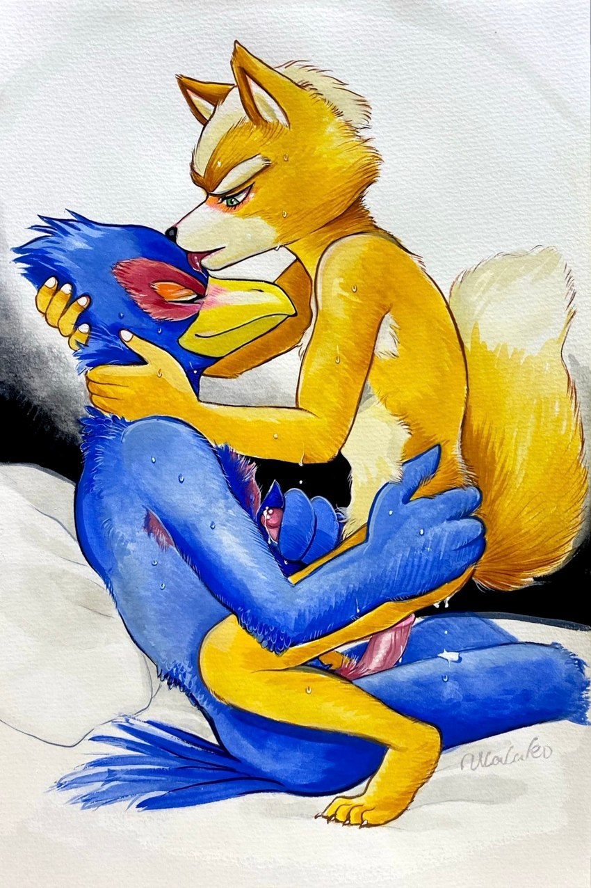 anal anal_penetration anthro bed blush bodily_fluids caressing duo eyes_closed furniture handjob licking male male/male nude penetration penile pillow sex smile sweat tongue ulala_ko nintendo star_fox falco_lombardi fox_mccloud avian bird canid canine fox mammal hi_res