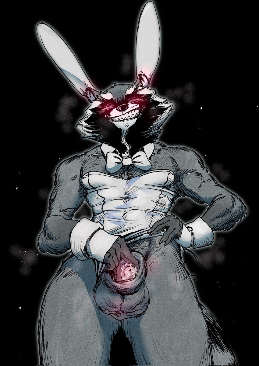 animal_genitalia anthro balls black_background bodily_fluids body_hair bunny_costume clothed clothing costume crossdressing cum cum_in_sheath fingering genital_fluids genitals hand_on_hip looking_at_viewer male pubes red_eyes sheath sheath_fingering sheath_play simple_background smile solo steam teasing teasing_viewer teeth_showing concosive guardians_of_the_galaxy marvel rocket_raccoon mammal procyonid raccoon greyscale hi_res monochrome