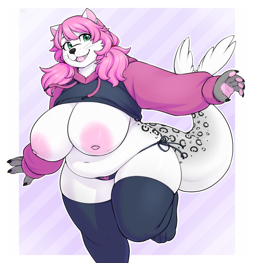 anthro areola big_breasts breasts clothing cropped_hoodie curvy_female curvy_figure cute_fangs female fin fur green_eyes hair huge_breasts legwear nipples overweight overweight_anthro overweight_female panties pink_areola pink_hair pink_nipples smile solo tail tail_fin thick_tail thick_thighs thigh_highs underwear voluptuous_anthro voluptuous_female white_body white_fur iriedono paggi_outfit mammal marine pinniped sea_lion 2024 hi_res