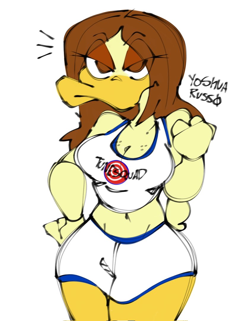 anthro basketball_uniform breasts brown_hair clothing female hair simple_background solo sportswear standing uniform white_background yoshua_russo looney_tunes space_jam the_looney_tunes_show warner_brothers tina_russo anatid anseriform avian bird duck hi_res