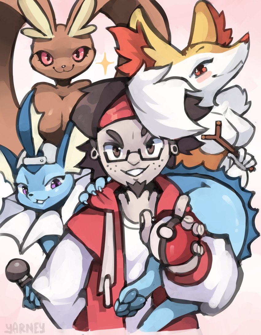 anthro blush breasts clothing ear_piercing electronics eyewear female feral glasses group hat headgear headwear looking_at_viewer male microphone piercing pokeball smile yarney furrymon nintendo pokemon pokemon_trainer vaporeon_rapper braixen eeveelution generation_1_pokemon generation_4_pokemon generation_6_pokemon human lopunny mammal pokemon_(species) vaporeon absurd_res hi_res