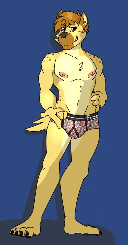 anthro biped bottomwear briefs bulge clothed clothing colored_seam_underwear hair looking_at_viewer male muscular muscular_anthro muscular_male nipples pattern_briefs pose print_briefs print_clothing print_underwear red_seam_underwear simple_background smile solo spots standing topless underwear sylvanedadeer fuzeyeen hyena mammal spotted_hyena 2019 absurd_res digital_media_(artwork) hi_res