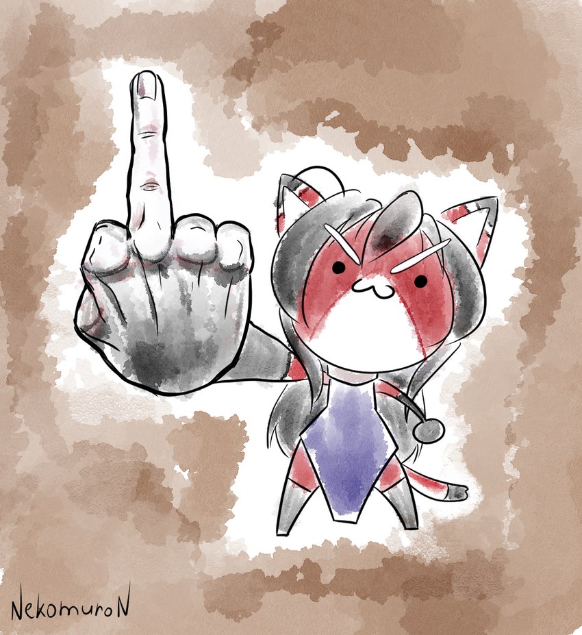 >:3 anthro black_body black_fur black_hair chibi clothed clothing female flipping_viewer_off fully_clothed fur gesture hair hand_gesture looking_at_viewer machine middle_finger multicolored_body multicolored_fur red_body red_fur rude simple_background smile solo tail white_body white_fur nekomuro ara_(fluff-kevlar) android domestic_cat felid feline felis mammal robot 2023 detailed digital_media_(artwork) hi_res painting_(artwork) traditional_media_(artwork) watercolor_(artwork)