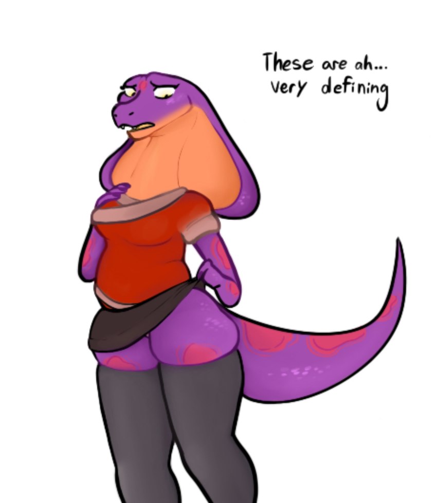 absolute_territory anthro back_rolls belly belly_folds bottomwear chubby_legs clothed clothing countershading dialogue female long_neck muffin_top_(thigh_highs) purple_body raised_tail simple_background skirt slightly_chubby slightly_chubby_female snake_hood solo spots squish standing tail tail_under_skirt text thigh_squish white_background ncs keeshee cobra lamarian reptile scalie snake 2020 english_text hi_res