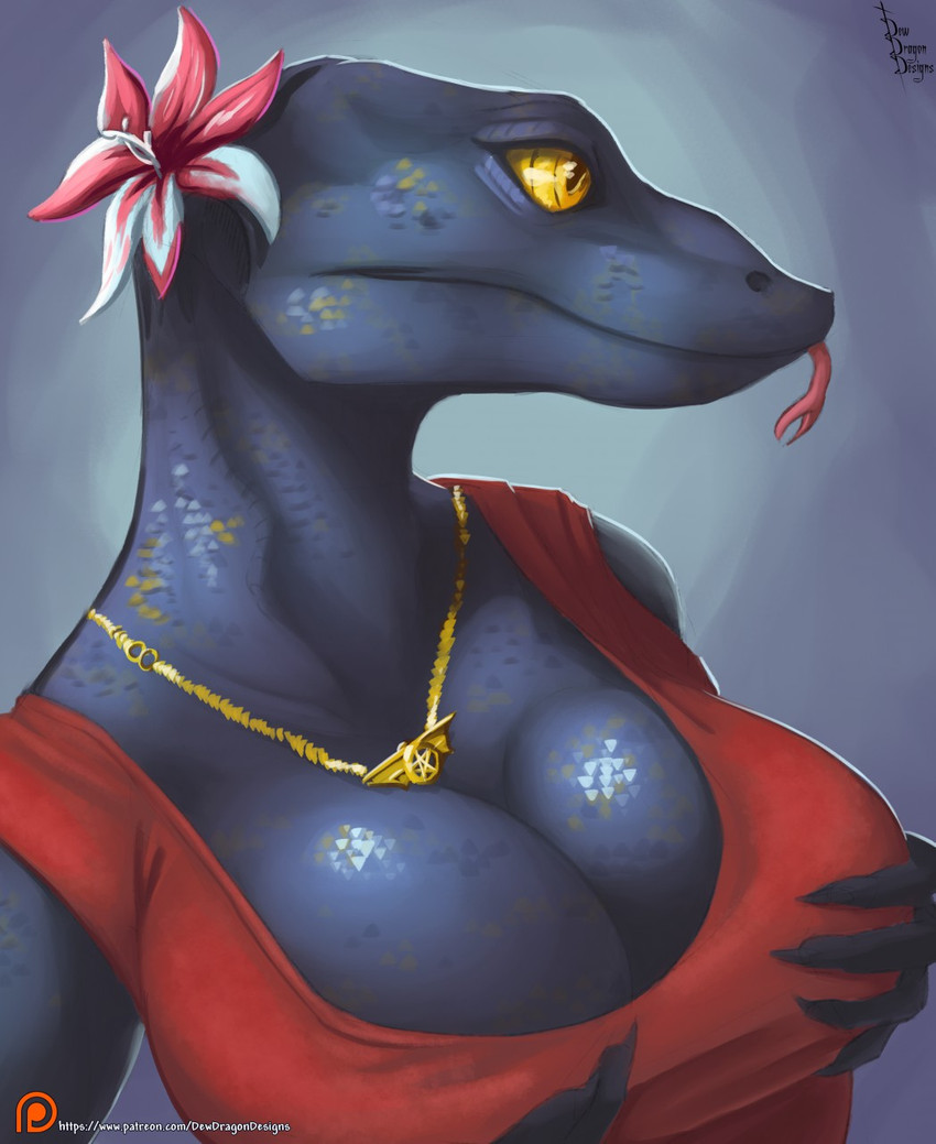 anthro big_breasts black_body black_scales breasts claws cleavage clothed clothing female flower forked_tongue holding_breast jewelry necklace non-mammal_breasts plant pupils scales simple_background slit_pupils solo tongue yellow_eyes dew_dragon lizard monitor_lizard reptile scalie hi_res