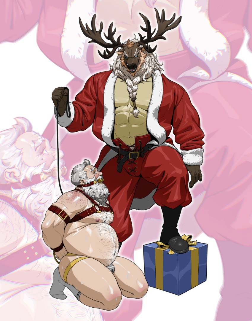 antlers beard belt bit_gag blush bodily_fluids body_hair boots bulge chest_hair christmas_present clothing costume cuff_(restraint) dominant dominant_male duo ear_piercing ear_ring facial_hair footwear gag gift hairy handcuffs harness holidays horn jockstrap kneeling leash male male/male markings mature_male metal_cuffs mole_(marking) muscular muscular_male nipples overweight overweight_male piercing restraints ring_piercing santa_costume shoes socks submissive submissive_male sweat underwear nesskain christmas santa_claus deer mammal new_world_deer reindeer 2024 hi_res