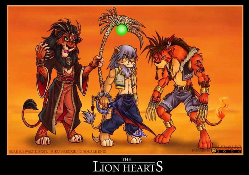 anthro anthrofied group lion_hearts male scar tail tail_tuft text tuft raymond_yap disney final_fantasy final_fantasy_vii kingdom_hearts square_enix the_lion_king larxene red_xiii riku_(kingdom_hearts) scar_(the_lion_king) canid canine felid lion mammal pantherine 2007 english_text