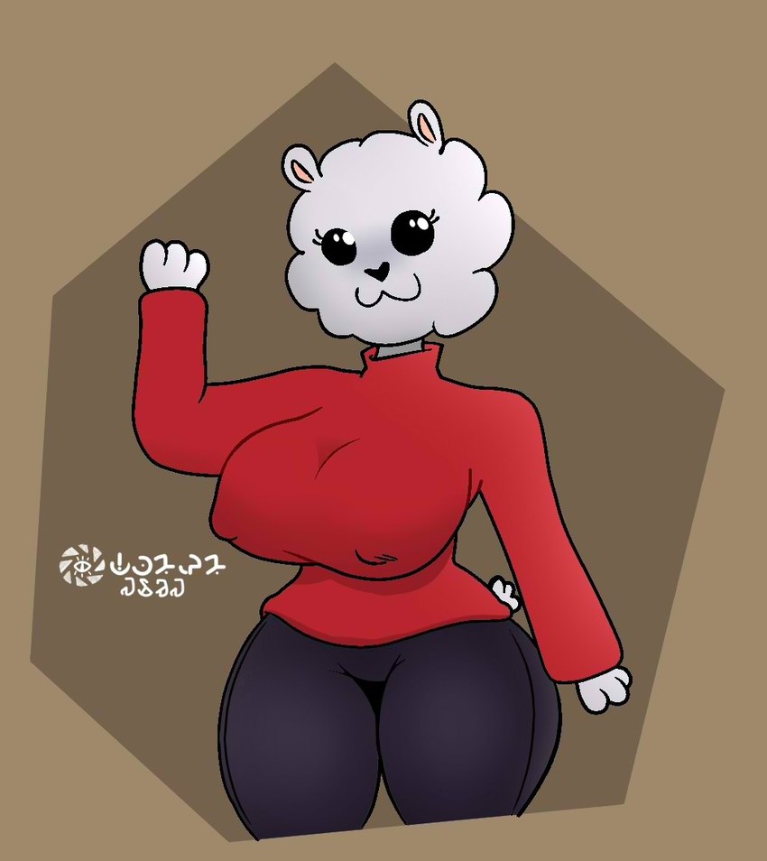 :3 anthro big_breasts black_bottomwear black_clothing black_pants bottomwear breasts clothed clothing female fluffy fur nipple_outline pants red_clothing red_sweater red_topwear solo sweater topwear white_body white_fur pamaht9 bear mammal signature spanish_description