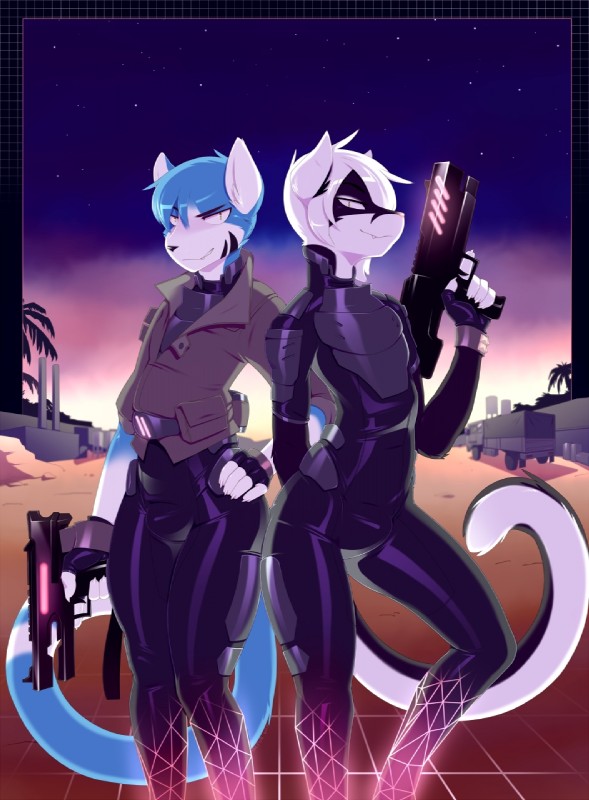 bodysuit bulge clothing femboy futuristic glistening glistening_clothing gloves grid grin gun handwear latex looking_at_viewer male ranged_weapon skinsuit smile suit synthwave tight_clothing trigger_discipline virtual_reality weapon slyus proby slyus_(fursona) domestic_cat felid feline felis mammal hi_res