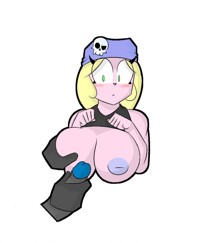 anthro areola big_breasts blonde_hair blush bone breasts clothed clothing clothing_lift disembodied_penis duo erection exposed_breasts female female_focus fur genitals hair hat headgear headwear huge_breasts humanoid_genitalia humanoid_penis long_hair looking_at_genitalia looking_at_penis male male/female masturbation nipples penis pink_body pink_fur shirt shirt_lift simple_background skull solo_focus topwear theicedwolf mammal 2016 digital_media_(artwork) hi_res