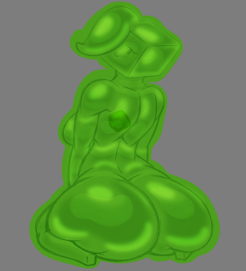 anthro big_butt butt butt_focus core female green_body huge_butt looking_at_viewer looking_back pseudo_hair simple_background slime solo aerotransor goo_creature monster absurd_res hi_res