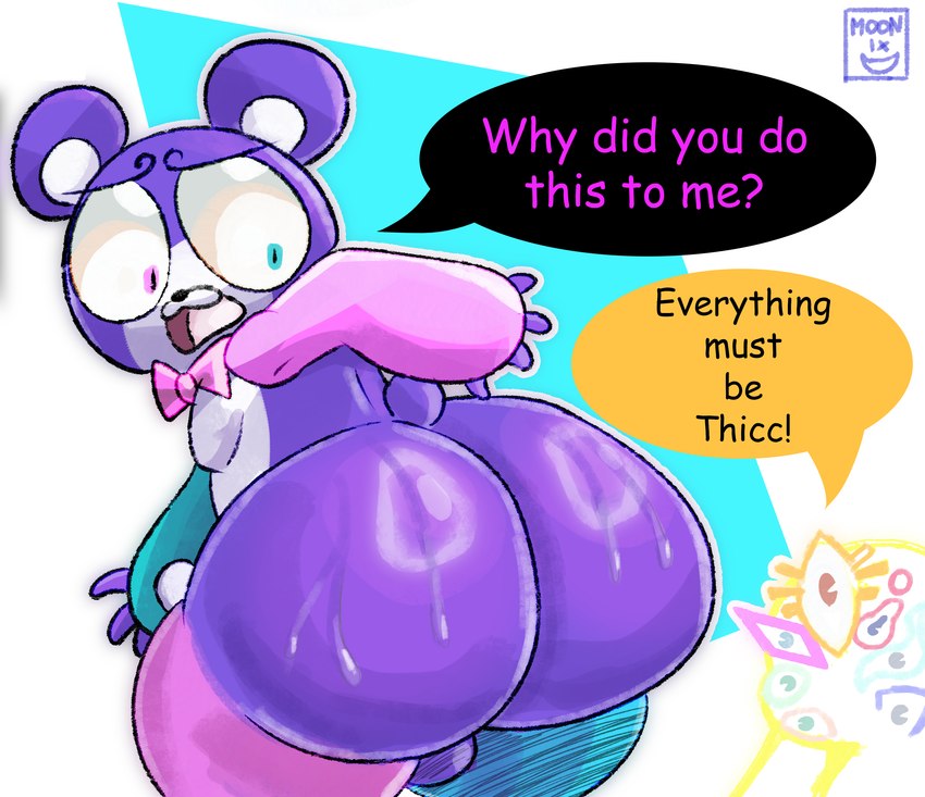 anthro big_butt big_eyes blue_body blue_fur bodily_fluids butt dialogue duo fur heterochromia huge_butt male male/male multi_eye multicolored_body open_mouth pink_body pink_fur presenting purple_body purple_fur shocked sweat sweatdrop teapot_(body_type) text thick_thighs white_body white_fur wide_hips moonix_xero chikn_nuggit bearzel_(chikn_nuggit) bezel_(chikn_nuggit) chikn_nuggit_(chikn_nuggit) chikn_nuggit_(true_form) bear canid canine deity mammal absurd_res comic hi_res