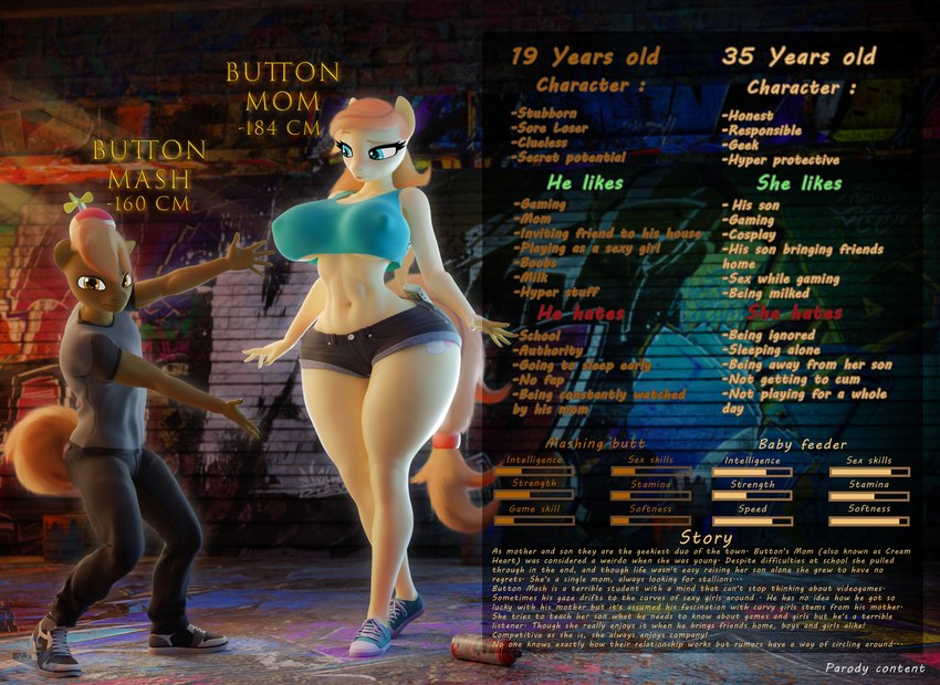 age_difference aged_up anthro anthrofied big_breasts blue_eyes bottomwear breasts brown_body brown_hair clothed clothed_anthro clothed_female clothed_male clothing curvy_figure cutie_mark daisy_dukes denim denim_bottomwear denim_clothing denim_shorts duo female female_anthro footwear grey_clothing grey_shirt grey_topwear hair hat headgear headwear hotpants jeans larger_anthro larger_female looking_at_viewer male male/female male_anthro mature_anthro mature_female multicolored_hair navel nipple_outline older_anthro older_female orange_hair pants propeller_hat shirt shoes shorts size_difference small_waist smaller_anthro smaller_male stated_age tan_body text thick_thighs topwear two_tone_hair two_tone_tail voluptuous voluptuous_anthro voluptuous_female wide_hips younger_anthro younger_male hooves-art friendship_is_magic hasbro my_little_pony button_mash_(mlp) cream_heart_(mlp) earth_pony equid equine horse mammal pony 2024 3d_(artwork) absurd_res blender_(artwork) digital_media_(artwork) english_text hi_res model_sheet mother_(lore) mother_and_child_(lore) mother_and_son_(lore) parent_(lore) parent_and_child_(lore) parent_and_son_(lore) son_(lore)