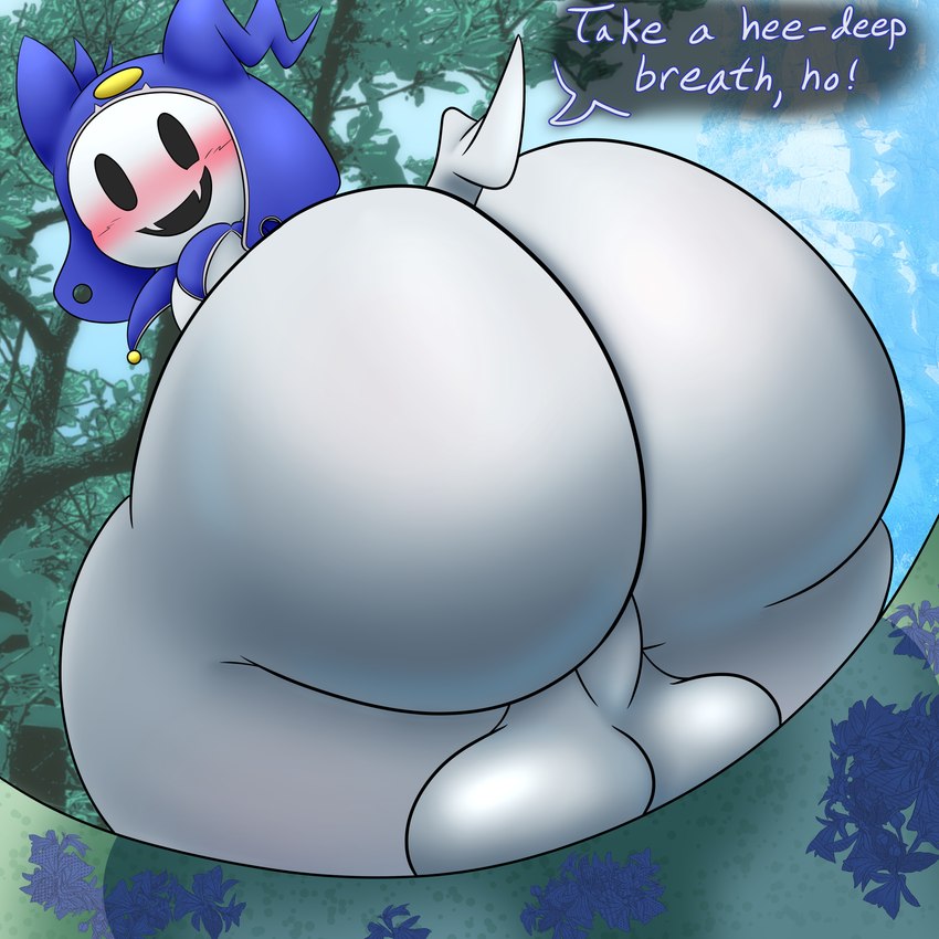 anthro balls big_balls big_butt blue_clothing blue_hat blue_headwear blush blush_lines butt butt_focus clothing dialogue exclamation_point fangs flower forest forest_background genitals hat headgear headwear huge_balls huge_butt huge_hips huge_thighs hyper hyper_butt imminent_facesitting looking_at_viewer looking_back looming looming_butt looming_over low-angle_view male mostly_nude nature nature_background not_furry open_mouth outside plant presenting presenting_hindquarters rear_view smile solo standing teeth text thick_thighs tree white_body white_butt wide_hipped_male wide_hips hayaken216 atlus megami_tensei persona_(series) sega jack_frost_(megami_tensei) demon demon_humanoid humanoid imp 1:1 2024 absurd_res digital_media_(artwork) hi_res