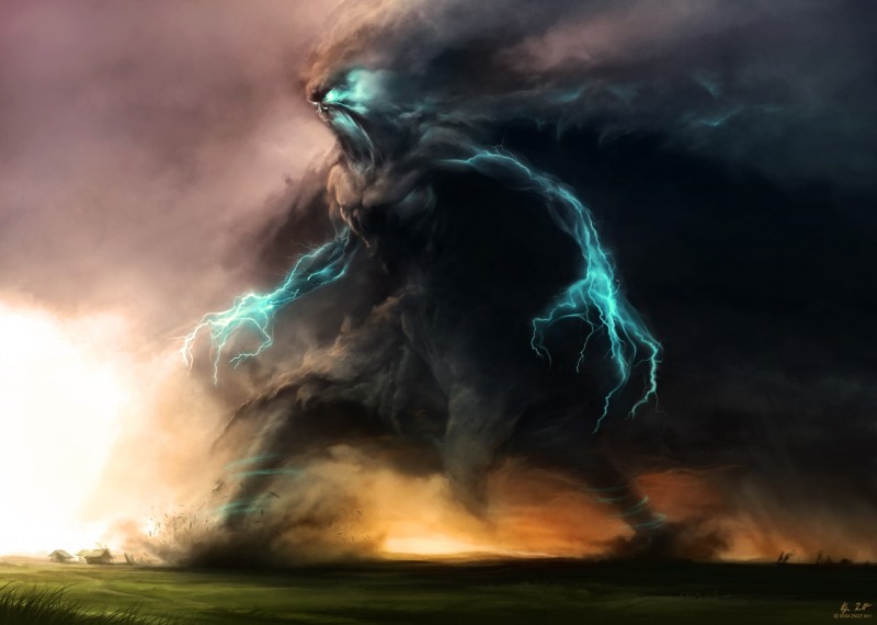 ambiguous_gender colossal destruction electricity lightning natural_disaster not_furry solo storm surrealism tornado where_is_your_god_now kosa_zsolt deity monster hi_res