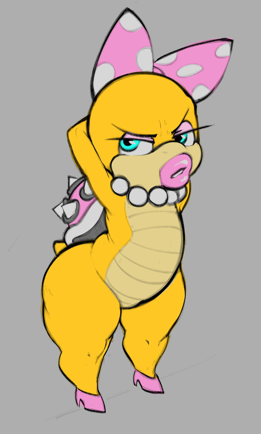 bedroom_eyes blue_eyes bow_tie clothing female footwear grey_background hands_behind_back high_heels lips lipstick makeup narrowed_eyes pink_bow_tie pink_clothing pink_footwear pink_high_heels pink_lips pink_lipstick pink_ribbon ribbons seductive shell shoes simple_background solo spikes spikes_(anatomy) thick_lips thick_thighs garbledina mario_bros nintendo koopaling wendy_o._koopa humanoid koopa scalie absurd_res colored hi_res