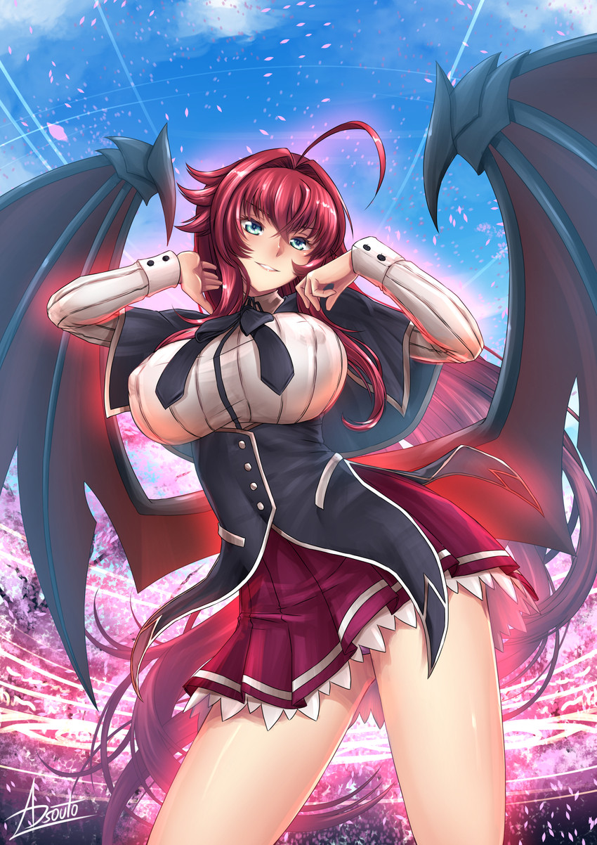 big_breasts breasts clothing female hair long_hair looking_at_viewer nipple_outline not_furry simple_background solo wings adsouto high_school_dxd rias_gremory demon humanoid hi_res