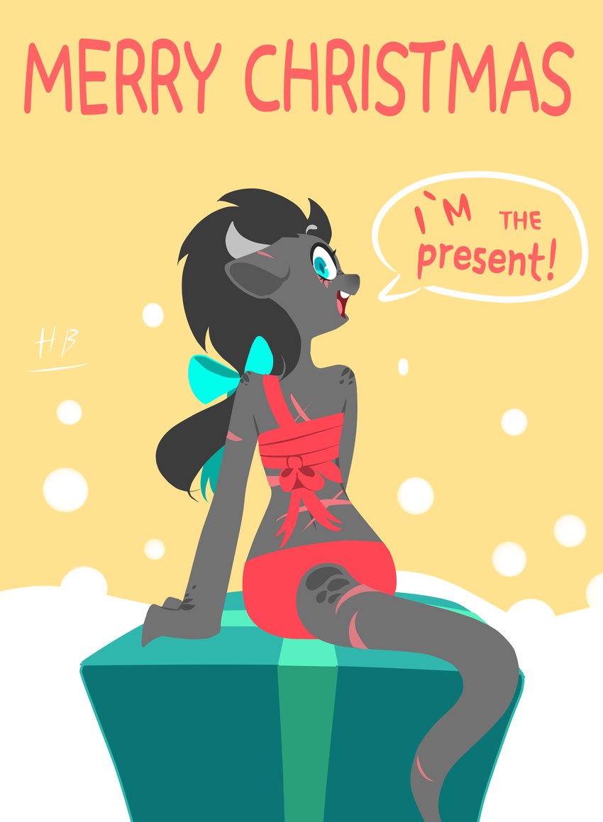 ambiguous_gender anthro clothed clothing dialogue gift grey_body horn looking_at_viewer looking_back looking_back_at_viewer merry_christmas midriff sitting solo speech_bubble text hydrabb nia_(hydrabb) reptile scalie 2021 absurd_res digital_media_(artwork) english_text hi_res lineless