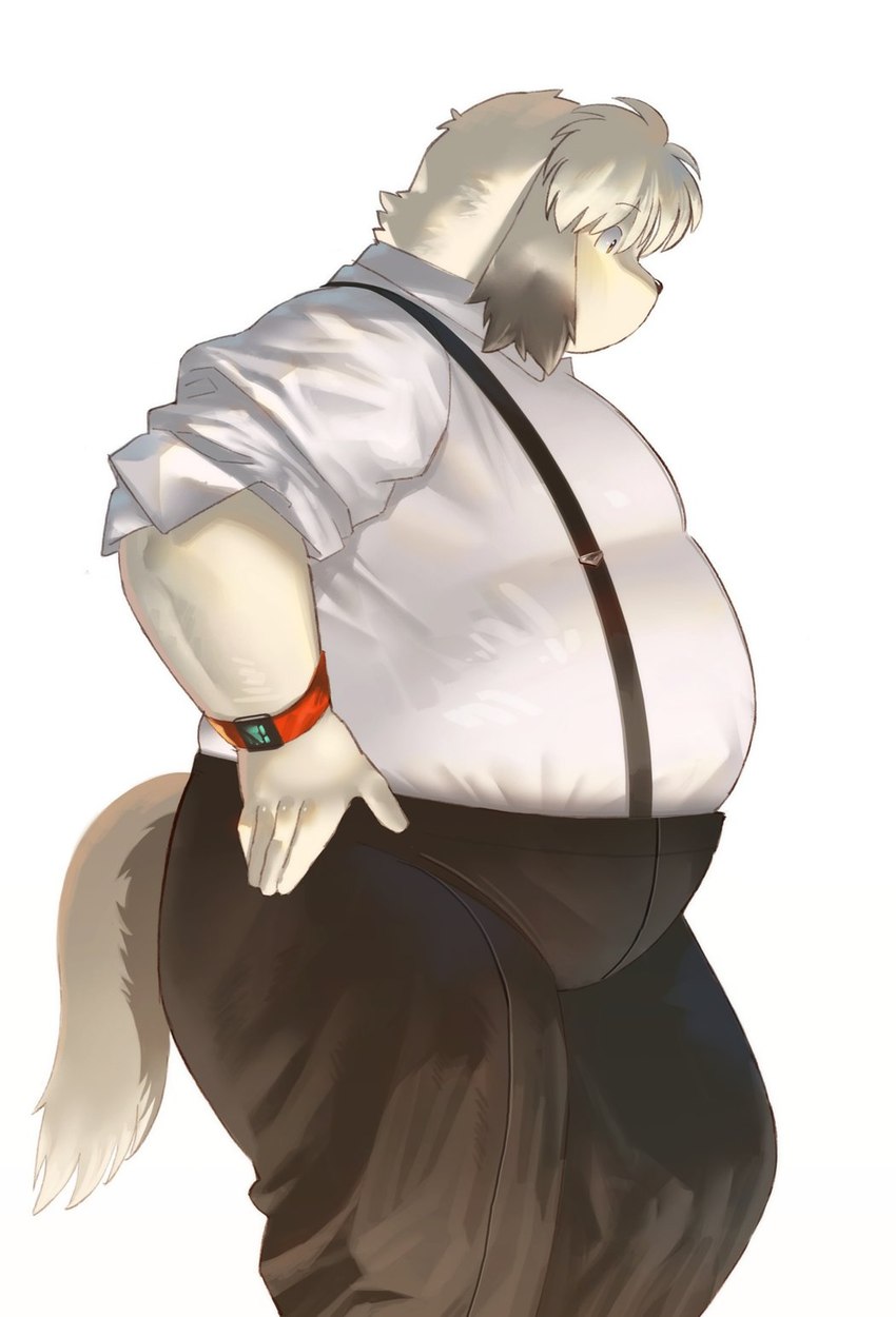 anthro belly bottomwear clothing humanoid_hands kemono male overweight overweight_male pants shirt solo suspenders topwear sv_grart monochrome_(series) book_whitener canid canine canis domestic_dog mammal 2021 hi_res