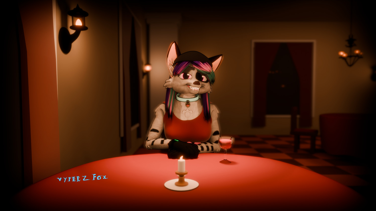 anthro bell bell_collar candle chandelier classy collar container cup date_night drinking_glass fancy_clothing fancy_dress fangs female fur glass glass_container glass_cup grey_body grey_fur hair inside lamp multicolored_hair pink_eyes restaurant sitting_at_table solo teeth vignette darkfox12 felid feline mammal 16:9 3d_(artwork) 4k absurd_res blender_(artwork) blender_cycles_(artwork) digital_media_(artwork) hi_res widescreen