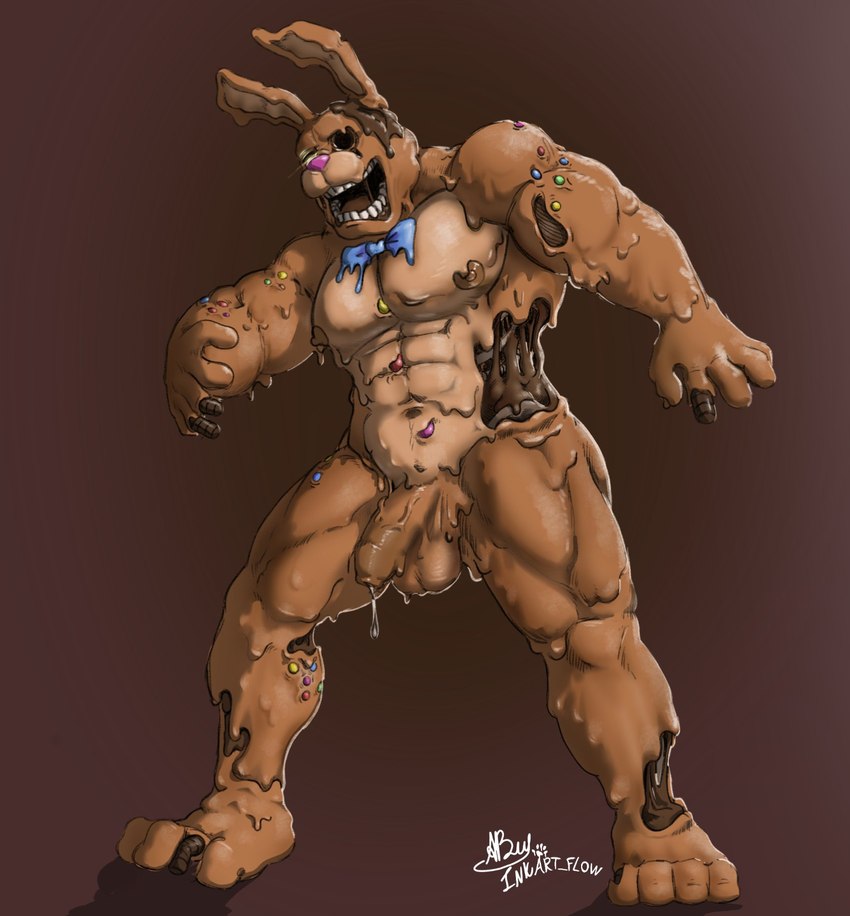 1_eye abs anthro areola balls barazoku barefoot biceps bodily_fluids bow_tie brown_areola brown_background brown_balls brown_body brown_nipples brown_penis brown_tongue buckteeth candy chocolate cum cum_on_penis cum_string dessert dripping feet flaccid food foreskin genital_fluids genitals glowing glowing_eyes goo-connected_lips humanoid_genitalia humanoid_penis internal long_ears long_foreskin male manly melting multicolored_body muscular navel nipples nude open_mouth orgasm pecs penis pink_nose presenting presenting_balls presenting_penis saggy_balls saliva shadow simple_background solo standing teeth thick_thighs tongue triceps two_tone_body vein veiny_penis inkart_flow five_nights_at_freddy's five_nights_at_freddy's_ar scottgames bonnie_(fnaf) melted_chocolate_bonnie_(fnaf) food_creature lagomorph leporid mammal rabbit 2021 hi_res