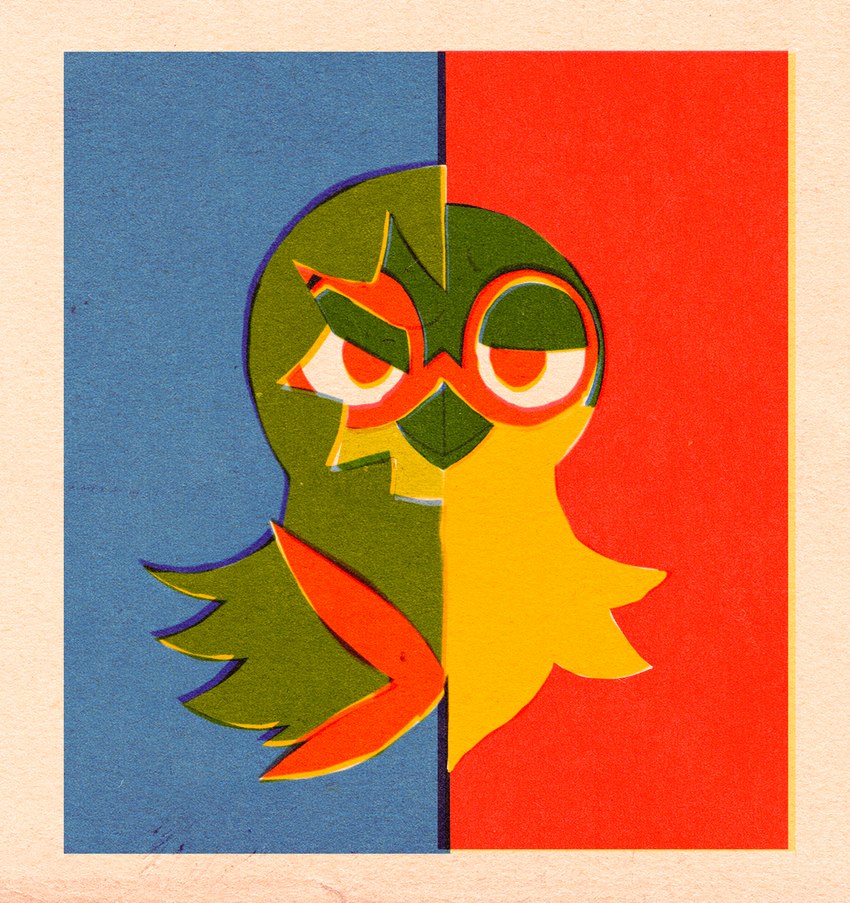 anthro cmyk female looking_at_viewer personality_swap retro risograph simple_background solo two_faced vintage hoosierman9911a game_freak nintendo pokemon avian bird decidueye generation_7_pokemon owl pokemon_(species) 2022 digital_media_(artwork) hi_res