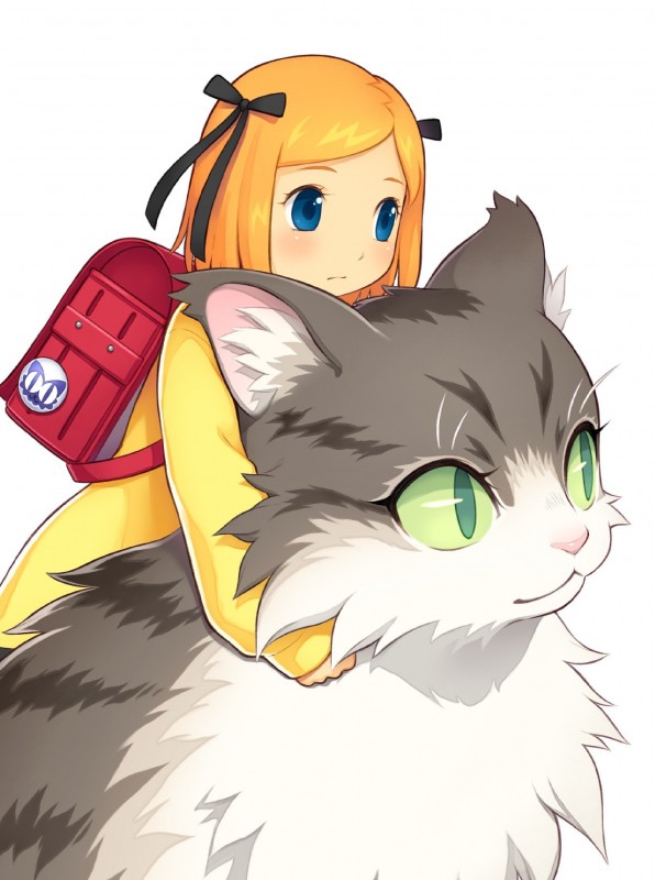 accessory ambiguous_gender backpack blue_eyes blush bow_(feature) bow_accessory bow_ribbon close-up clothed clothing duo female feral fur green_eyes hair hair_accessory hair_bow hair_ribbon ribbons shirt simple_background topwear white_background young unknown_artist blade_strangers sayonara_umihara_kawase domestic_cat felid feline felis human mackerel_tabby mammal norwegian_forest_cat emiko_(disambiguation) detailed hi_res official_art portrait