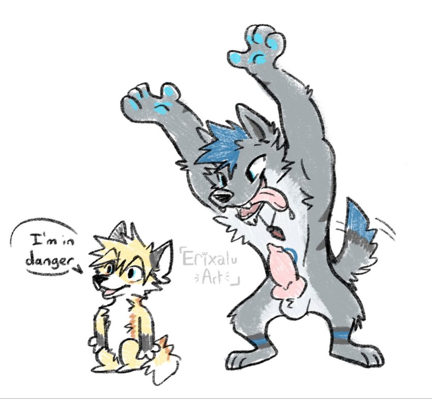 anthro aroused duo genitals macro male male/male micro penis erixalu erixalu_(character) ray-bleiz canid canine canis mammal wolf meme