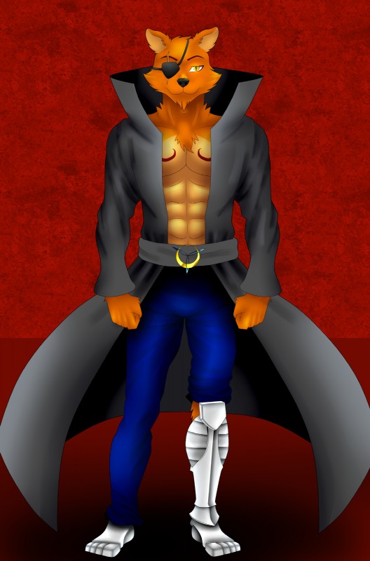 abs anthro bionic_leg bionics black_nose clothed clothing cybernetic_leg cybernetic_limb eye_patch eyewear front_view fur glowing glowing_eyes jacket male open_clothing open_jacket open_topwear orange_body orange_fur red_background scar simple_background solo standing topwear erick_ahtanohj canid canine mammal maned_wolf absurd_res digital_media_(artwork) full-length_portrait hi_res portrait