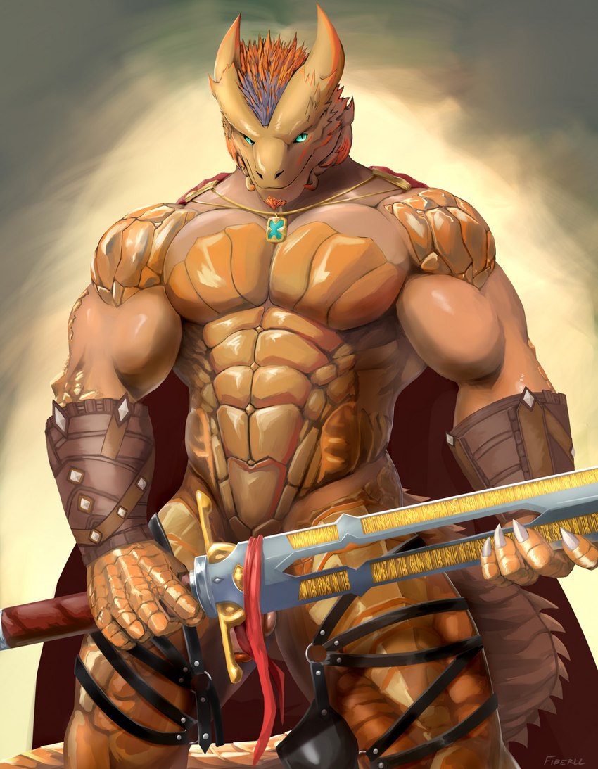 anthro armor balls biceps blue_eyes bracers cape cheek_spikes clothed clothing facial_spikes flaccid foreskin genitals greatsword harness head_spikes holding_melee_weapon holding_object holding_sword holding_weapon horn humanoid_genitalia humanoid_penis jewelry male markings melee_weapon muscular muscular_male necklace orange_body orange_scales partially_clothed pecs pendant penis purple_markings scales skimpy solo spikes spikes_(anatomy) standing sword tail tan_body tan_scales text weapon fiberll baldur's_gate baldur's_gate_3 bioware dungeons_and_dragons electronic_arts hasbro wizards_of_the_coast dragonborn_(dnd) scalie english_text hi_res