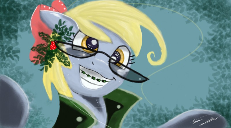 accessory blonde_hair bow_(feature) bow_accessory bow_ribbon braces clothing eyewear female feral glasses hair hair_accessory hair_bow hair_ribbon hooves ribbons simple_background smile solo teeth yellow_eyes auroriia friendship_is_magic hasbro my_little_pony derpy_hooves_(mlp) equid mammal