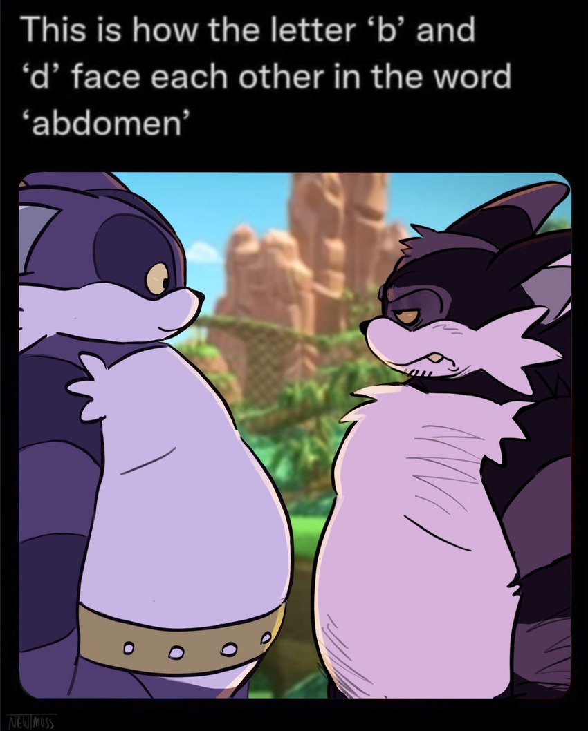 anthro belly belt body_hair chest_hair duo fur male overweight purple_body purple_fur striped_body striped_fur stripes text yellow_eyes newtmoss sega sonic_the_hedgehog_(series) big_the_cat smalls_the_cat domestic_cat felid feline felis mammal english_text hi_res meme