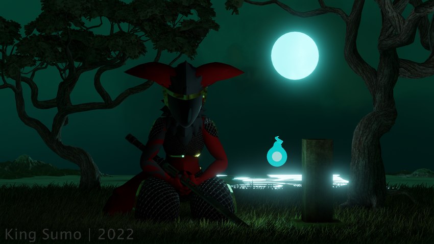 anthro crouching grave machine male meditation melee_weapon moon mountain night solo sword tattoo tombstone water weapon king_sumo_(artist) protogen spirit 16:9 3d_(artwork) digital_media_(artwork) hi_res widescreen