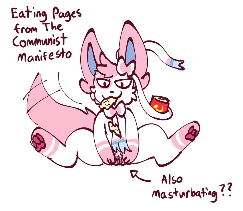 book communism female feral food food_in_mouth genitals looking_at_viewer politics pussy ribbons simple_background snack solo spread_legs spread_pussy spreading text white_background white_body jitterclaws nintendo pokemon eeveelution generation_6_pokemon pokemon_(species) sylveon english_text hi_res