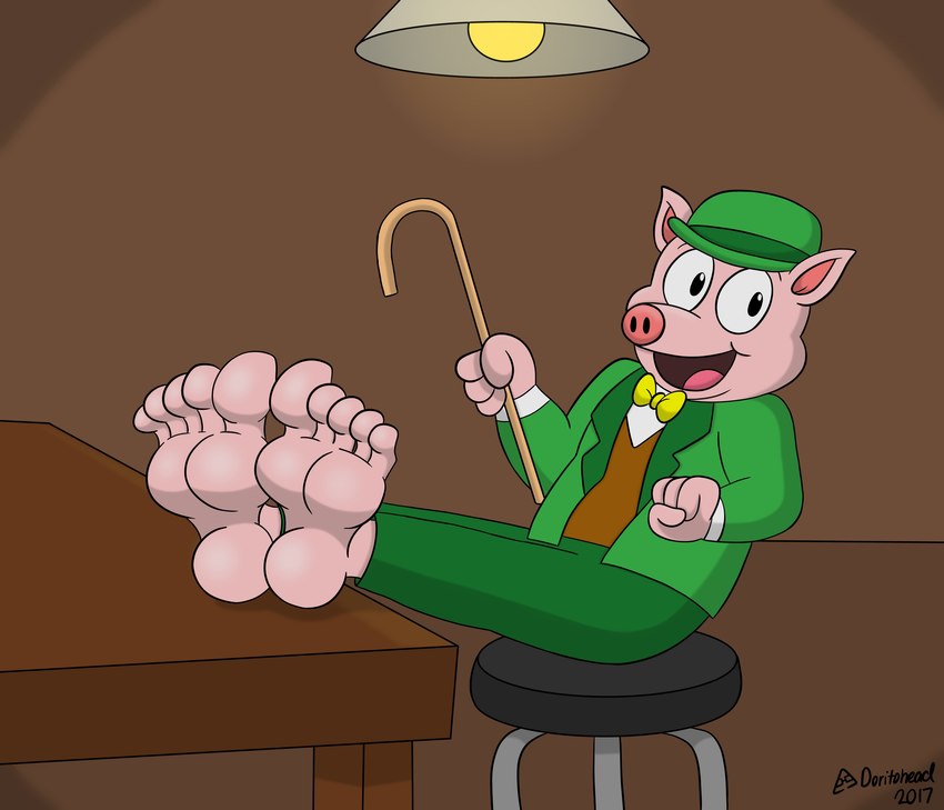 anthro barefoot black_tie_(suit) bow_tie bowler_hat cane clothing detailed_background dot_eyes feet fingers foot_focus furniture hat headgear headwear humanoid_feet inside legs_up male pink_body pink_skin plantigrade simple_eyes sitting smile solo stool suit toes tongue doritohead toby_p_wiggles domestic_pig mammal suid suine sus_(pig) 2017 absurd_res artist_name digital_media_(artwork) hi_res signature