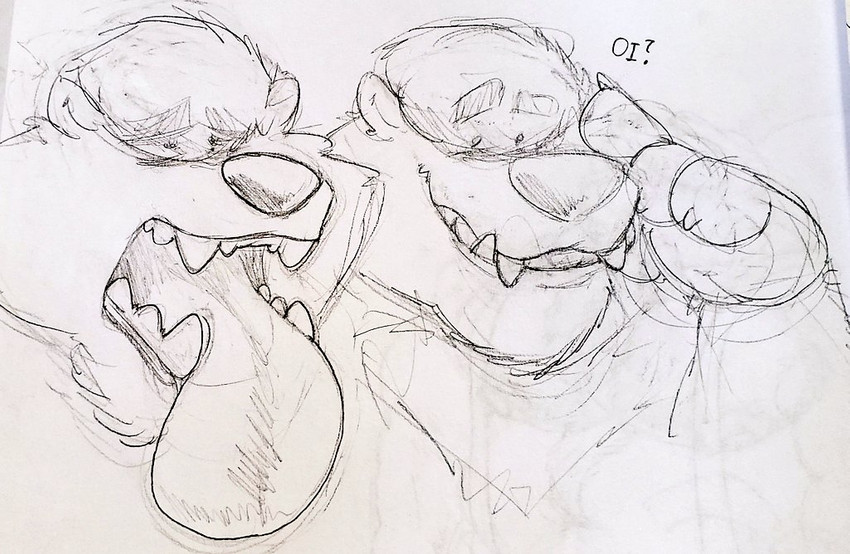 accent anthro big_tongue claws dialogue eyebrows fangs hair hair_over_eyes hand_on_face male open_mouth short_ears small_eyes smile solo teeth text thick_eyebrows tongue tongue_out toony yawn sosososleazy animal_crossing nintendo kicks_(animal_crossing) mammal mephitid skunk 2020 bust_portrait english_text monochrome portrait sketch