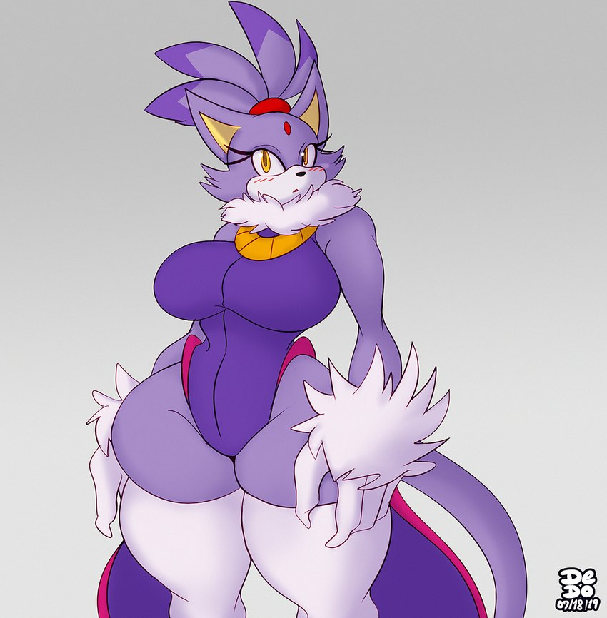 accessory anthro arm_tuft big_breasts blush breasts clothing female forehead_gem fur gem hair_accessory hairband jewelry legwear leotard looking_at_viewer neck_tuft necklace purple_body purple_clothing purple_fur simple_background solo thick_thighs thigh_highs tuft wide_hips wrist_tuft dedoarts sega sonic_the_hedgehog_(series) blaze_the_cat domestic_cat felid feline felis mammal signature