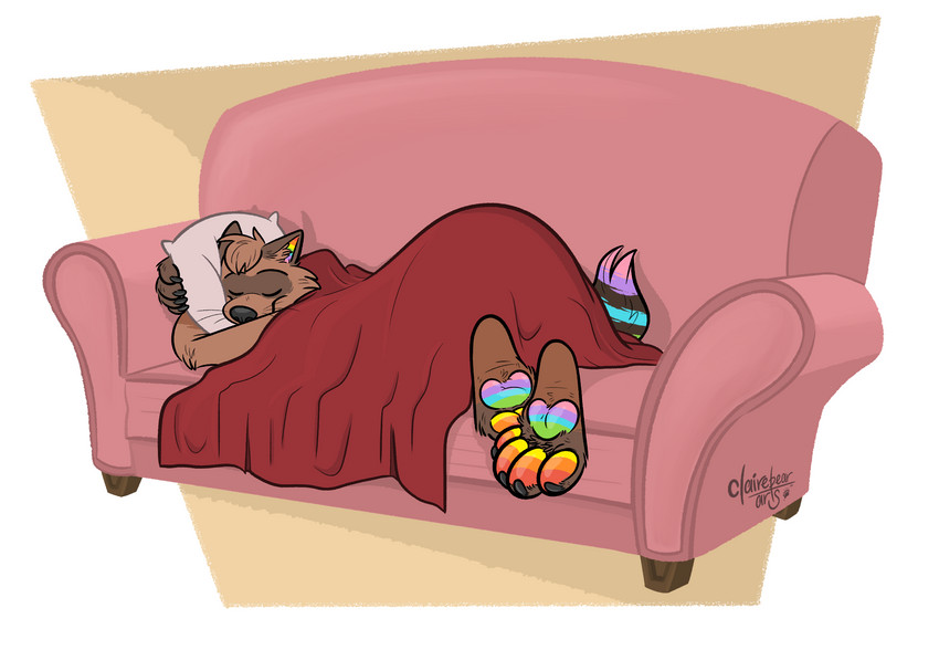 anthro bedding black_nose blanket brown_body brown_fur clothing eyes_closed feet foot_focus fur furniture hair legwear lgbt_pride male markings multicolored_markings pawpads pillow pride_colors rainbow_markings rainbow_pride_colors sleeping sofa solo whiskers strawbear dakotasoftpaw mammal procyonid raccoon hi_res