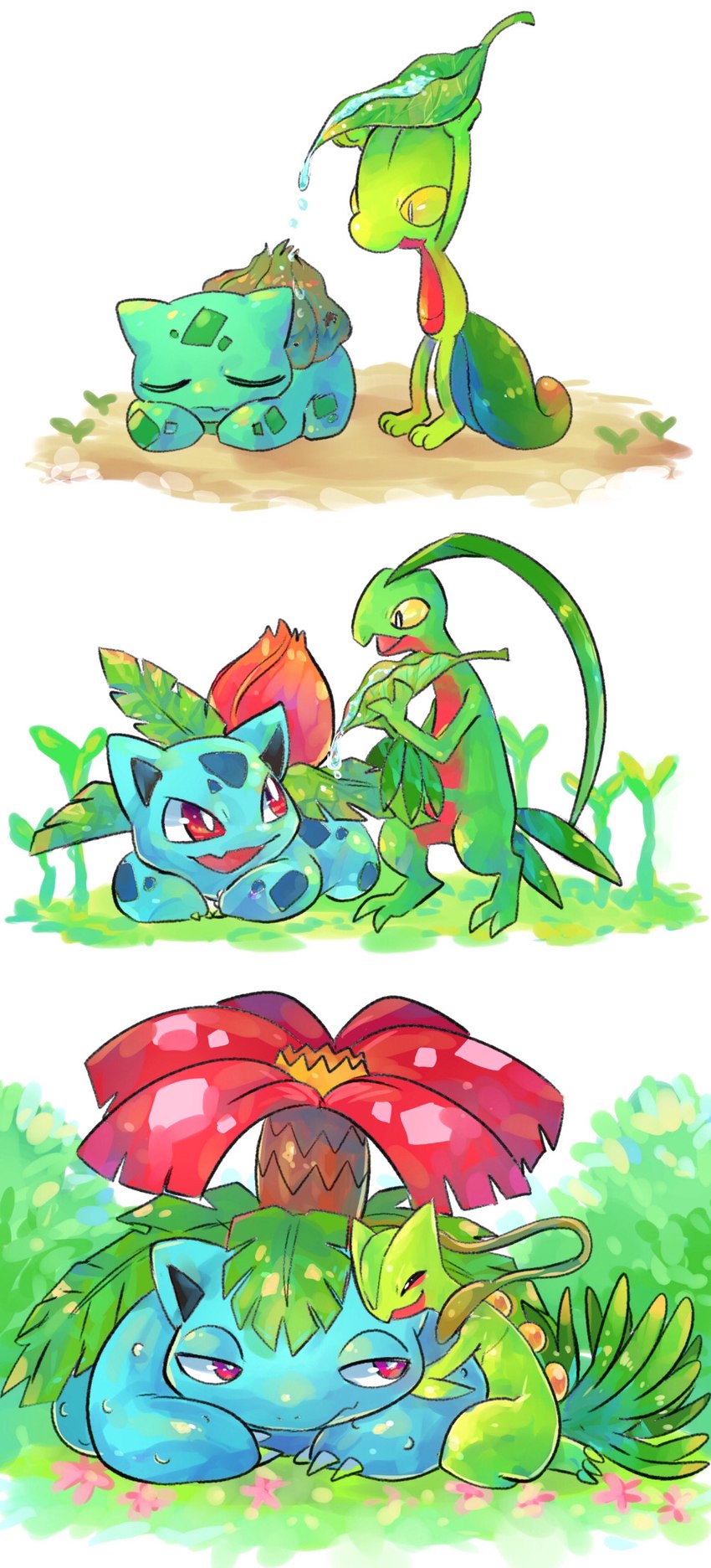 ambiguous_gender blue_body claws duo feral green_body hug plant sharp_teeth simple_background smile teeth time_lapse popemadara nintendo pokemon bulbasaur elemental_creature flora_fauna generation_1_pokemon generation_3_pokemon grovyle ivysaur pokemon_(species) scalie sceptile treecko venusaur digital_media_(artwork) hi_res