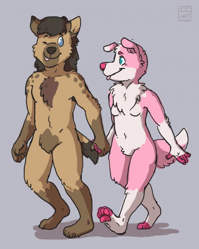 anthro blue_eyes brown_body brown_fur duo female fur male pink_body pink_fur pink_nose romantic romantic_couple walking go_kart_(artist) felicity_fluff canid canine canis domestic_dog hyde hyena mammal spotted_hyena hi_res