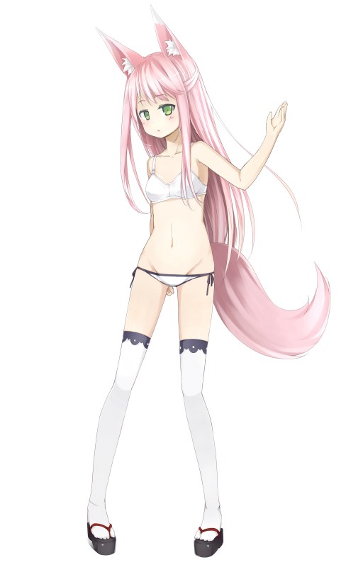 bra breasts clothed clothing colored_edge_panties female footwear fox_tail green_eyes hair legwear long_hair looking_at_viewer low-leg_panties lowleg navel panties pink_hair pubic_mound sandals shoes side-tie_panties simple_background small_breasts solo thigh_highs underwear underwear_only white_bra white_clothing white_panties white_underwear 3.14_(pixiv) animal_humanoid canid canid_humanoid canine canine_humanoid fox fox_humanoid humanoid mammal mammal_humanoid absurd_res hi_res